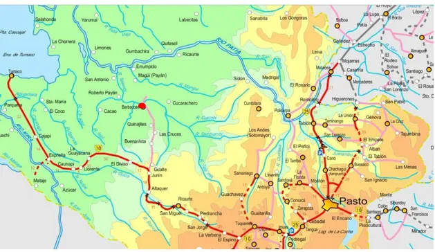 Ilustración 7. Principales Carreteras de Nariño desde Pasto en rojo y desviación en rosa hacia Barbacoas
