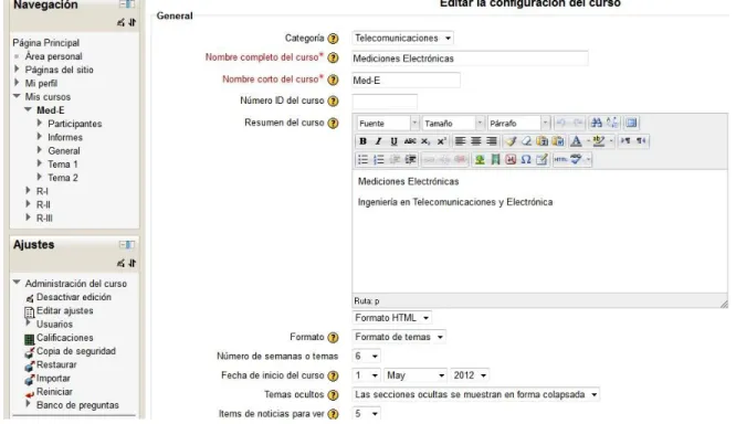 Fig. 3.2. Editar la configuración del curso. 
