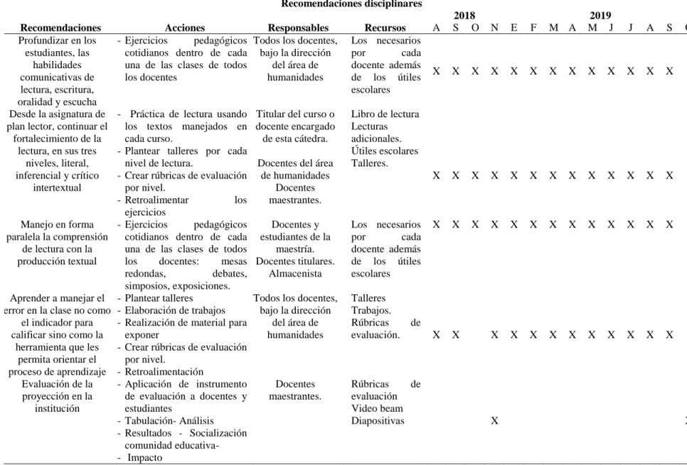 Tabla 10. Plan de acción- Recomendaciones Disciplinares 2018-219 