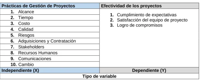 Tabla 11.10 Variables evaluadas en la matriz de gestión y efectividad de proyectos 