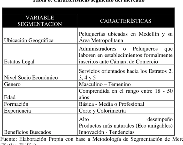 Tabla 6. Características segmento del mercado 