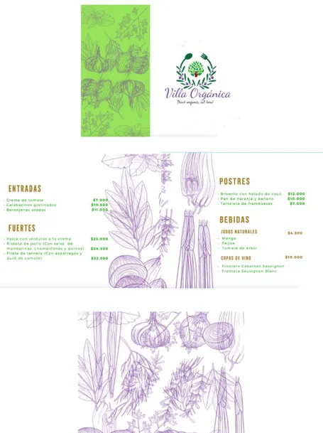 Ilustración 6. Diseño de la carta restaurante Villa Orgánica  Fuente: Elaboración propia (2017)