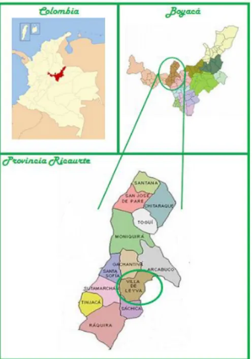 Ilustración 11. Ubicación del municipio de Villa de Leyva en la provincia de Ricaurte del departamento de Boyacá  Fuente: Buitrago (2017)