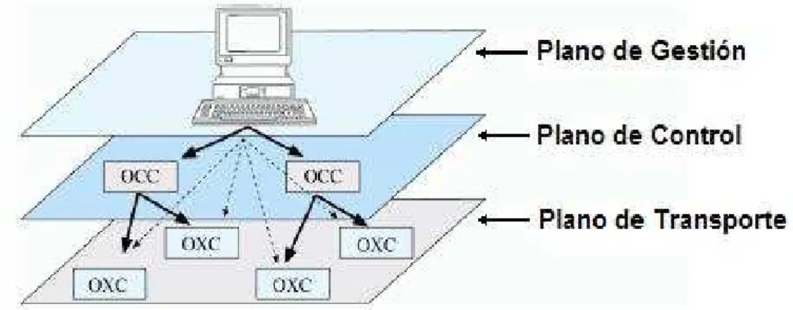 Fig. 2.3: Interacción entre los planos de Gestión, Control y Transporte ASON. 
