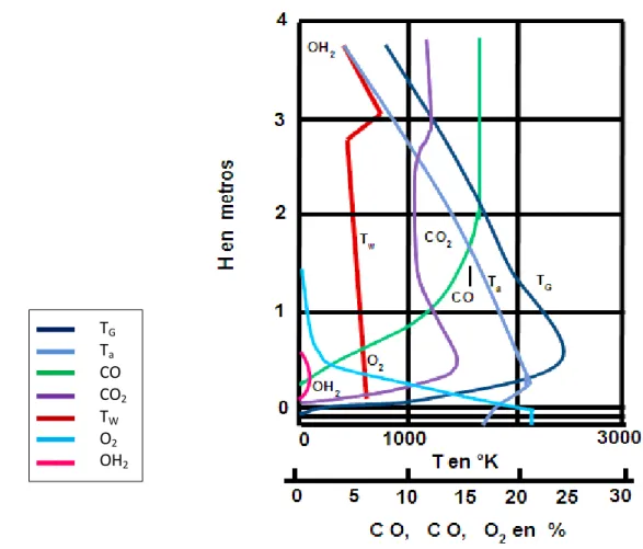 Figura 2.1: Variación de la composición de los gases (CO 2 , CO, O 2 , H 2 O) y  temperatura de los gases (T G ), del aire (T w ) y de la fundición (T a ) en la altura 