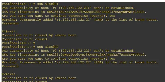 Figura 31-2: Acceso por SSH a los routers R1 y R2 
