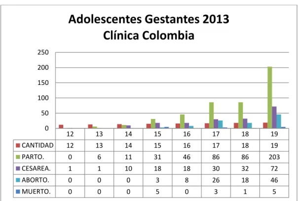 Tabla y Gráfica 3: La Atención de adolescentes en estado de gestación en el año 2013  en  los  rangos  de  12 a  19  años  de edad