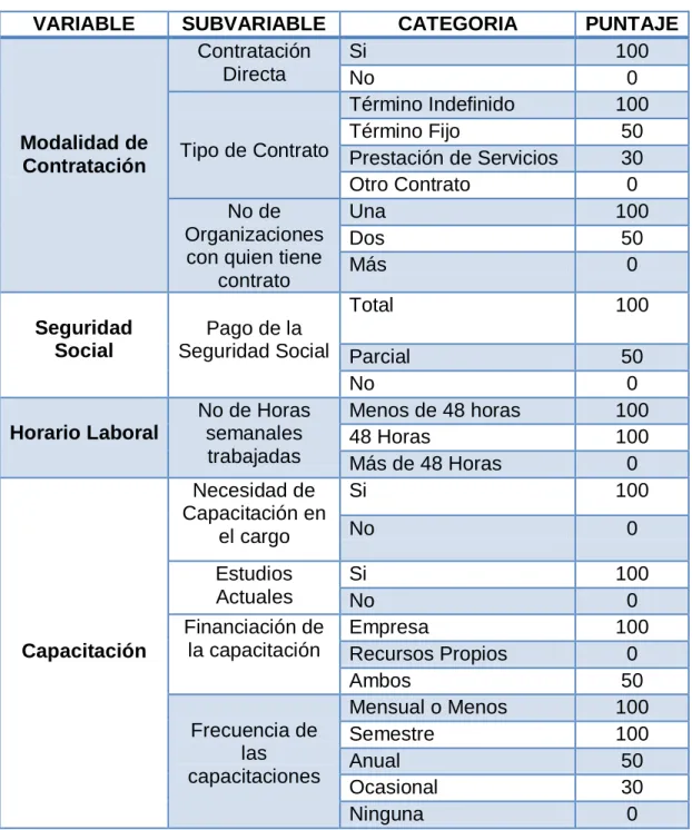 Cuadro No 2: Distribución del puntaje por Variable y Categoría de análisis    VARIABLE  SUBVARIABLE  CATEGORIA   PUNTAJE 