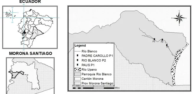 Figura 4. Mapa de ubicación del tramo Padre Carollo-Paus del Río Blanco en la Provincia de Morona  Santiago 