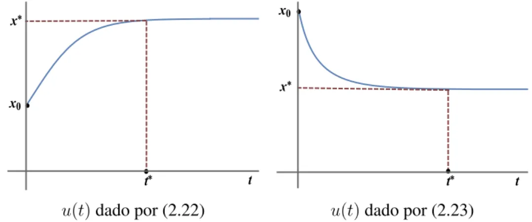 Figura 2.2: Trayectorias de la din´amica poblacional x(t) = x(t, u(t)) correspondien- correspondien-tes a las soluciones de tipo turnpike (2.22) y (2.23).
