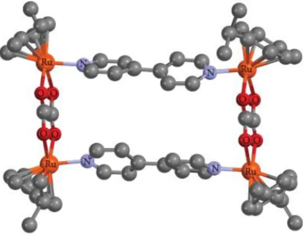Fig 9: Estructura molecular del primer metalo-rectángulo de Ru-areno,  [Ru(p-cimeno) 4 (ox) 2 (bipy) 2 ] 4+ 
