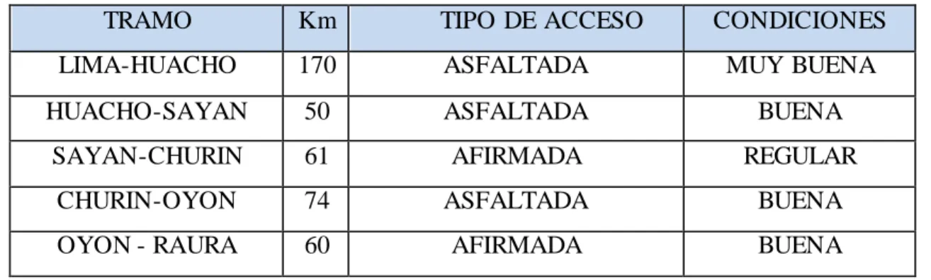 Cuadro 1.Vías  de acceso. 