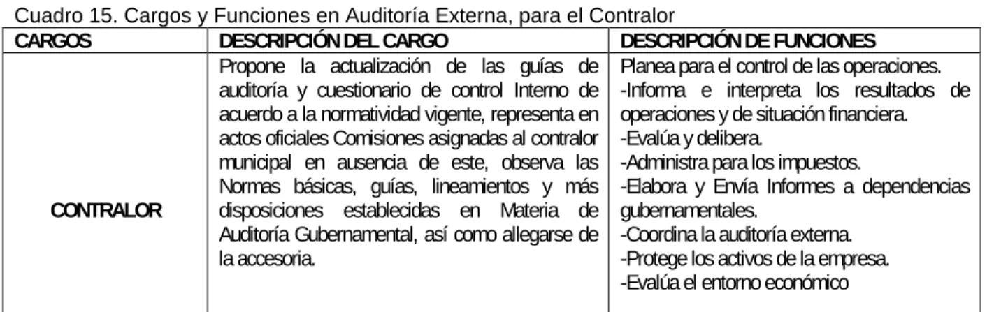 Cuadro 15. Cargos y Funciones en Auditoría Externa, para el Contralor 