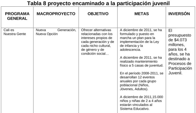 Tabla 8 proyecto encaminado a la participación juvenil