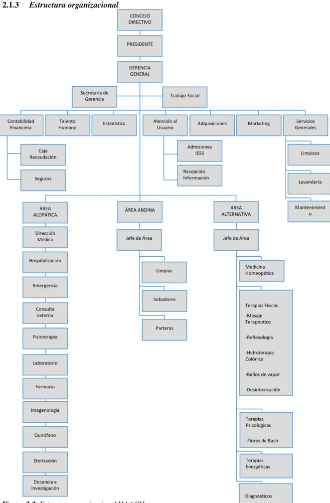 Figura 3-2: Estructura organizacional HAACH  Fuente: Hospital Andino Alternativo de Chimborazo   Elaborado por: Bonilla, E (2019)  