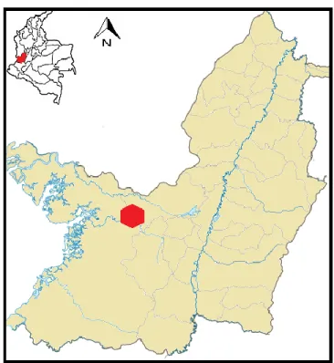 Figura 2.  Mapa del Valle del Cauca, el polígono rojo indica la zona donde se realizó el  estudio
