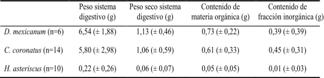 tabla 2 Peso del sistema digestivo y contenido de materia orgánica e inorgánica del contenido intestinal   para erizos regulares en Bahía Málaga, Pacífico Colombiano