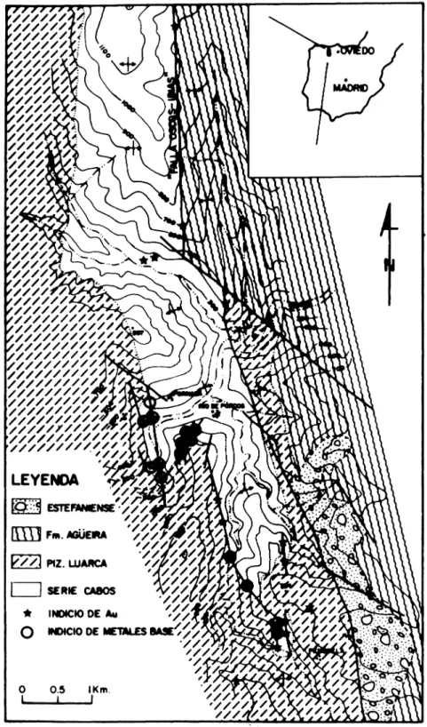 Fig. l. Mapa geológico de la zona de Ibias (Asturias), mostrando la situación de los principales indicios auríferos y de metales base.