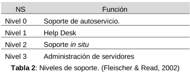 Tabla 2: Niveles de soporte. (Fleischer &amp; Read, 2002) 