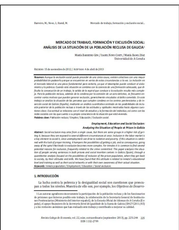Figure 1.1. First page of the publication “Employment, Education and Social  Exclusion: analyzing the situation of people at prison in Galicia” [Mercado de trabajo, 