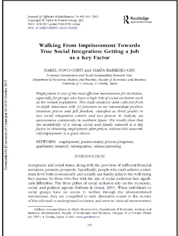 Figure 2.1. First page of the publication “Walking from imprisonment towards true  social integration: getting a job as a key factor” doi: 10.1080/10509674.2015.1055036