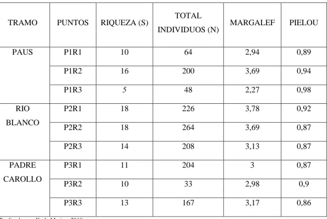 Tabla 4-3: Riqueza total de especies de diatomeas e Índices de diversidad calculados 