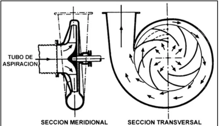 Figura 4 – Representación esquemática de una bomba centrífuga  Los álabes de las bombas centrífugas, están dispuestos en forma radial con el objeto  precisamente de orientar el flujo en esa dirección