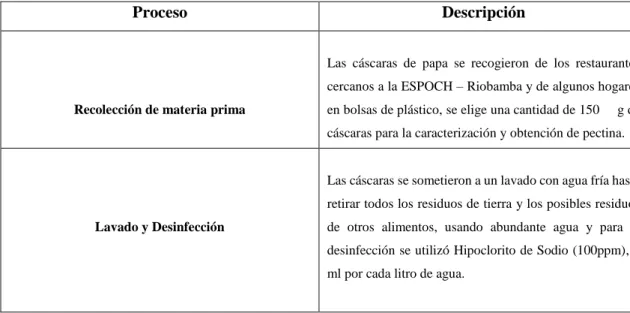 Tabla 6-3: Proceso de pre-tratamiento de la materia prima 