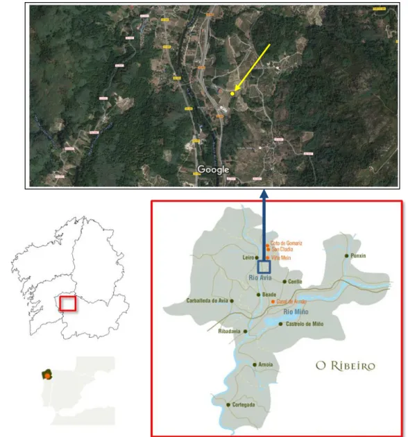 Figura 1: Localización do Ribeiro e do ponto de mostraxe. Fonte: Google Maps e elaboración propia