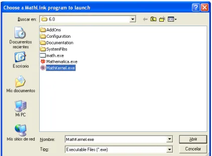 Figura 2.9 Ventana para seleccionar la ubicación del Kernel del Mathematica  (MathKernel.exe) 