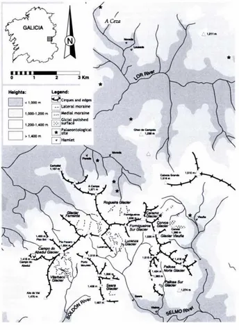 Figura 1. Exemplo de cartograt ^a morfolóxica glaciar para a Serra do Courel (Galicia, NO España)