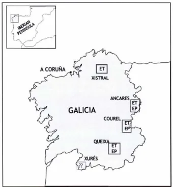 Figure 2. Mapa indicando as serras galegas nas que se recolleu mostra para esta tese. (1) XistraL (2) Ancares, (3) Courel, (4) Queixa