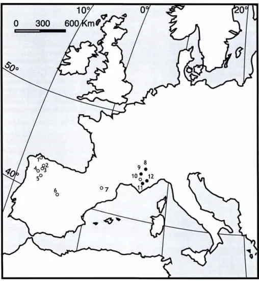 Figure 3. Erebia triaria distribution area shadowed (adapted from Kudrna 2002) and sampling locations as follows: 1-Xistral, 2-Ancares, 3-Courel, 4-Queixa, 5-Nogueira,  6-Guadarrama, 7-Pyrenees, 8-Aosta, 9-Hautes Alpes, 10-Alpes de Haute Provence, 11-Var, 