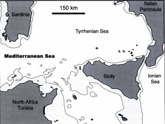 Figure 2. Palaeoenvironmental reconstructions for Quaternary glacials. Bathymetry for the strait of Tunisia-Sicily at 200 m under current sea level.