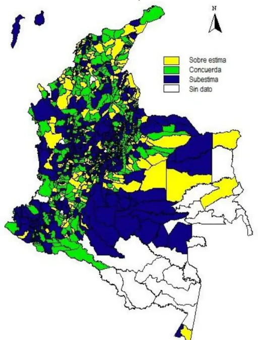 Figura 4. Comportamiento de la cobertura administrativa con relación a la encuesta de cobertura para sarampión  rubeola en los municipios colombianos 2010.