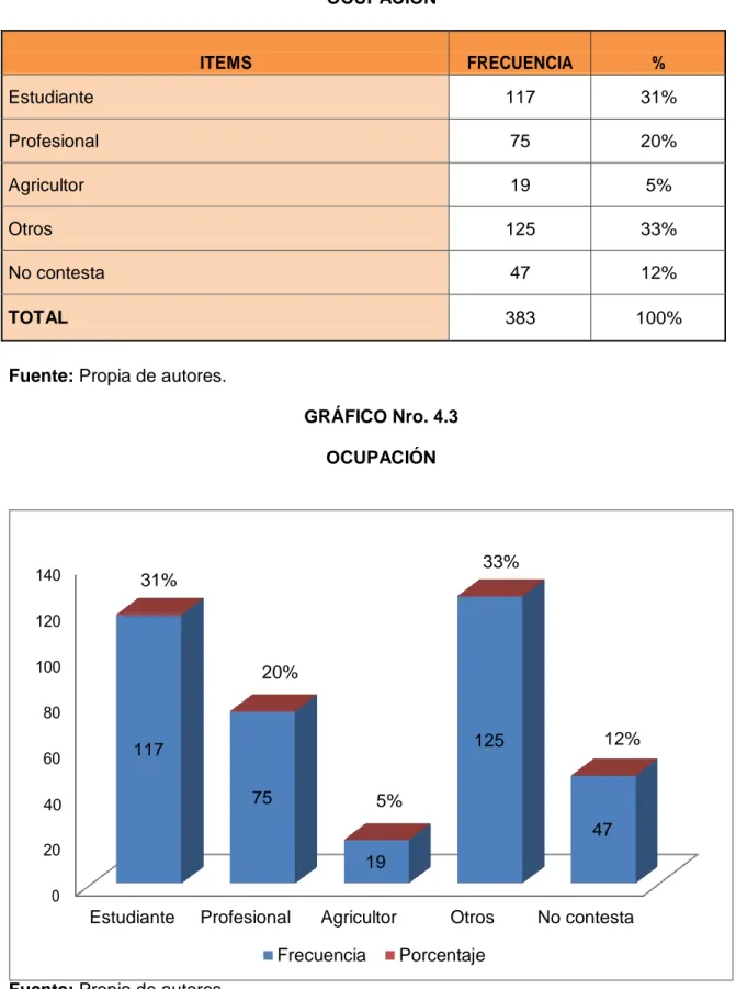 TABLA Nro. 4.3  OCUPACIÓN  ITEMS  FRECUENCIA  %  Estudiante  117  31%  Profesional  75  20%  Agricultor  19  5%  Otros  125  33%  No contesta  47  12%  TOTAL  383  100% 