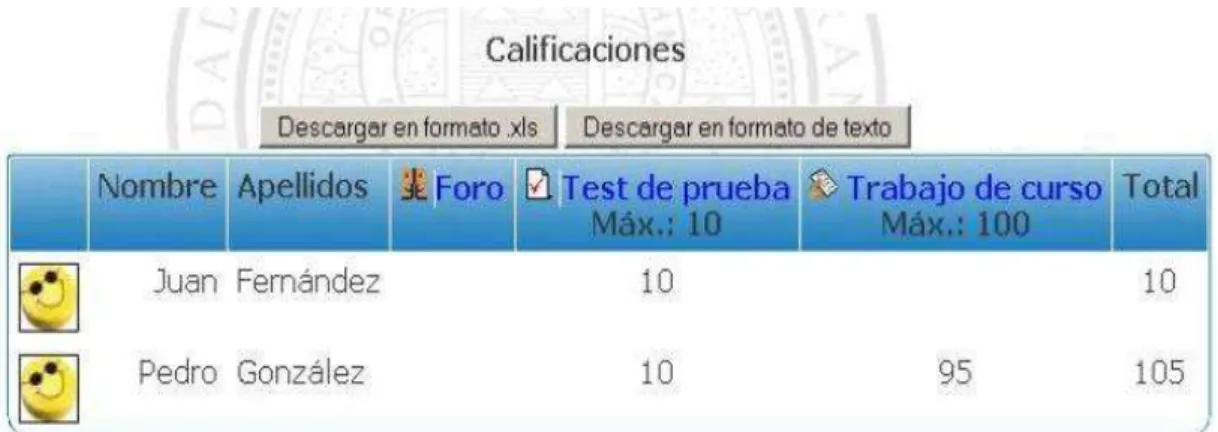 Figura 1.3 Libro de calificaciones de Moodle. (Castro, 2004) 