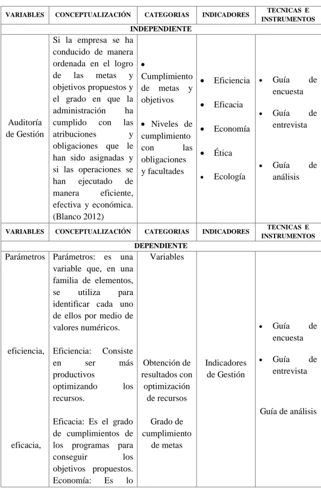 Tabla 1 Matriz de Variables 