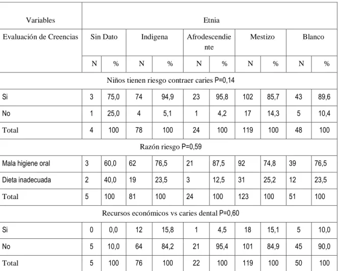 Tabla 14. Distribución de variable etnia versus creencias 