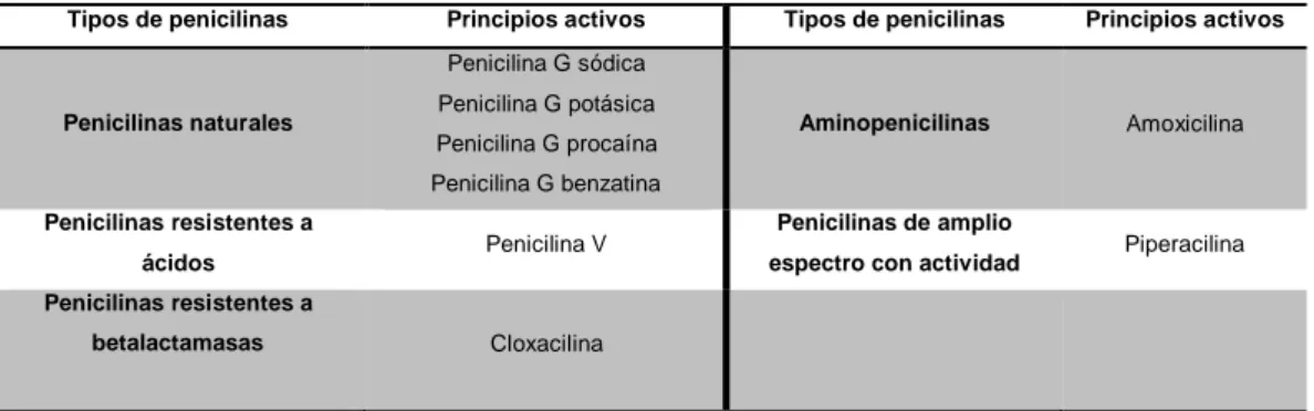 Tabla 1. Principios activos de las penicilinas comercializados en España  (3) . 