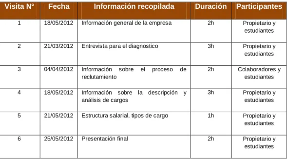 Tabla 1. Cronograma de visitas. 