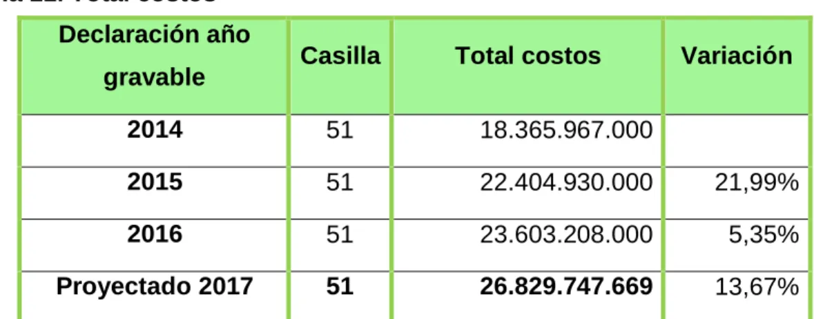 Tabla 11. Total costos  Declaración año 