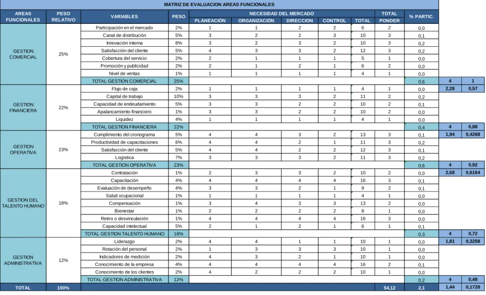 Tabla 5: Matriz de evaluación de las áreas funcionales 