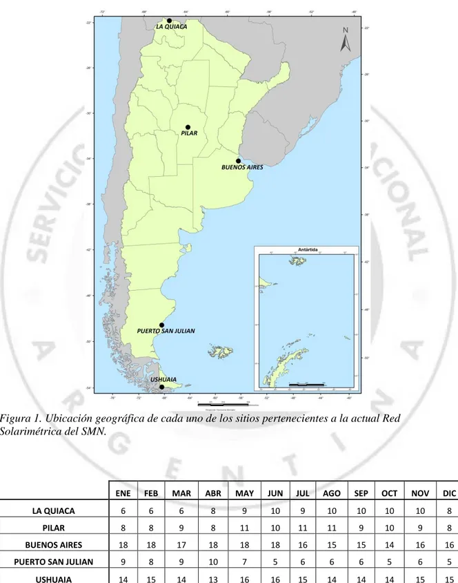 Figura 1. Ubicación geográfica de cada uno de los sitios pertenecientes a la actual Red  Solarimétrica del SMN