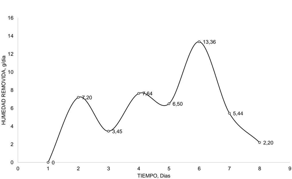 Gráfico 2. Velocidad de secado de las muestras de alimento representativos (salame) frente al tiempo de secado