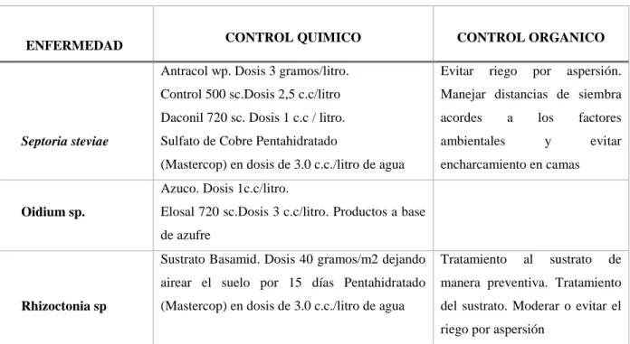 Cuadro 2. Control químico y orgánico de enfermedades en el cultivo de Stevia. 