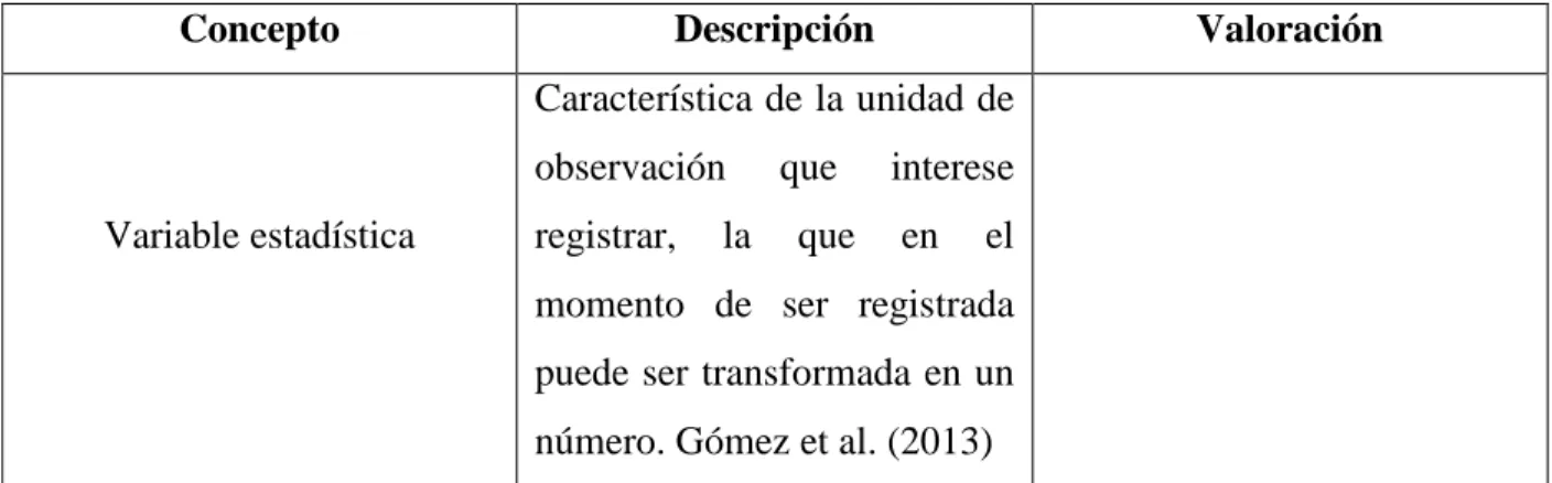 Tabla 6. Rejilla para la valoración del concepto variable estadística. 