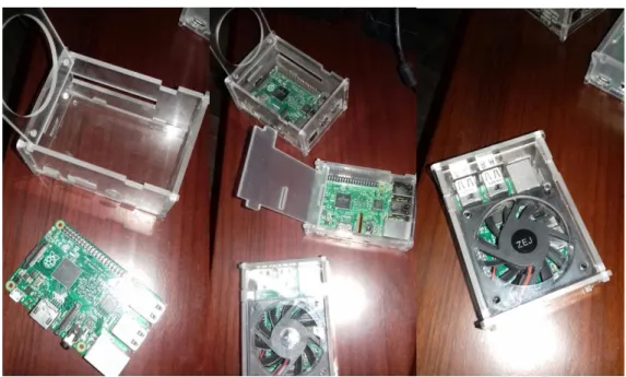 Figura 15-2 Colocación del dispositivo Raspberry Pi y ventilador en su carcasa. 