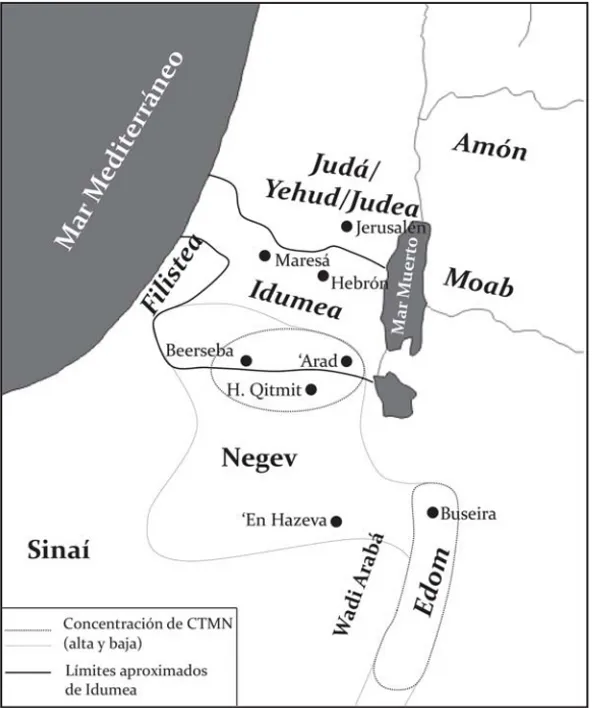Fig. 1. Evolución geográfica de Edom/Idumea desde finales de  la Edad del Hierro hasta el período helenístico-romano.