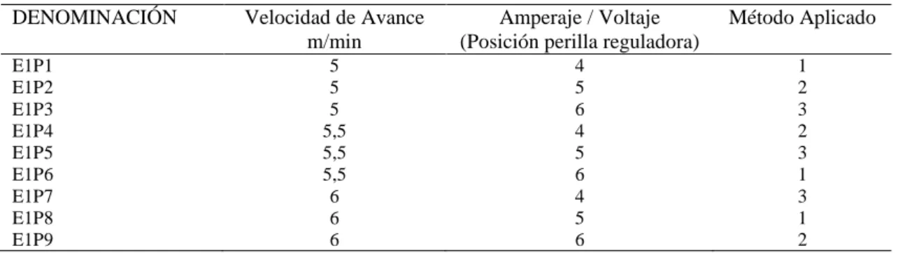 Tabla 2-5. Detalle del experimento  
